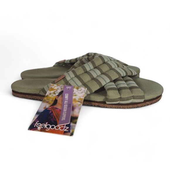 FeelGoodz Quilted Cross-Straps Slip-on Sandals "Thyme" Women's L (10-11) - Picture 4 of 10